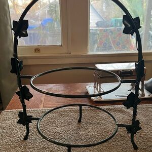 Two-Tier Green Metal Stand with Leaf Accents